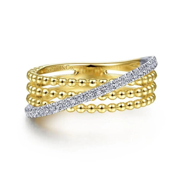 14K White-Yellow Gold Three Row Bujukan Ball and Diamond Band Ring