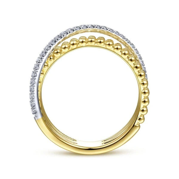 14K White-Yellow Gold Three Row Bujukan Ball and Diamond Band Ring