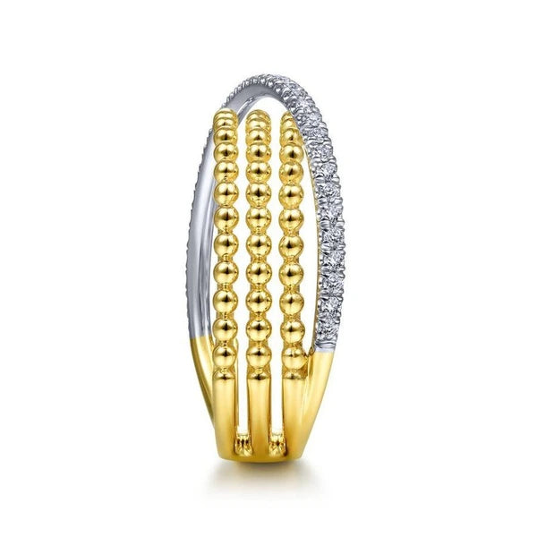14K White-Yellow Gold Three Row Bujukan Ball and Diamond Band Ring