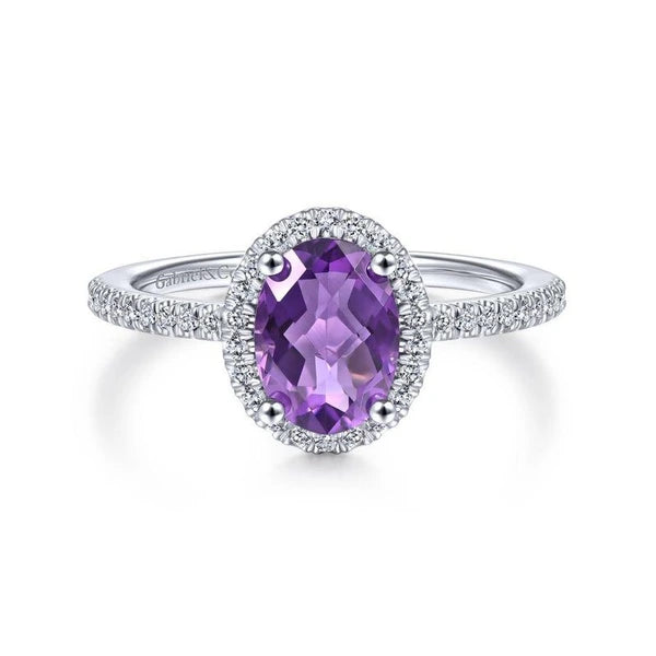 14K White Gold Oval Amethyst and Diamond Halo Ring