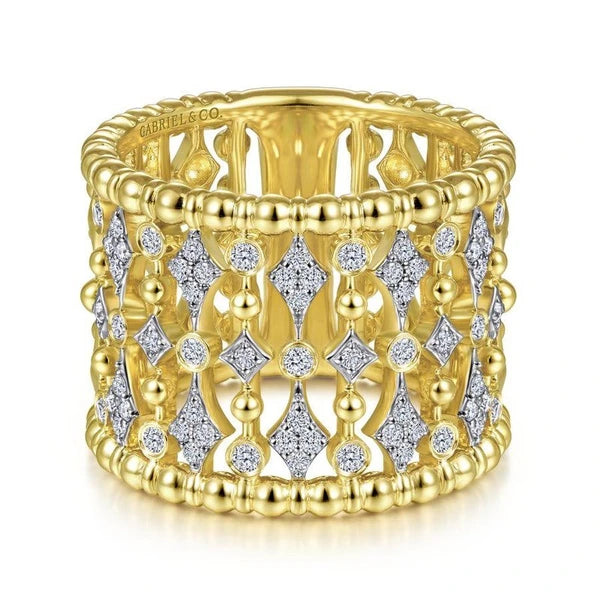 14K Yellow Gold Wide Bujukan Ball and Diamond Statement Ring