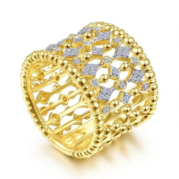 14K Yellow Gold Wide Bujukan Ball and Diamond Statement Ring