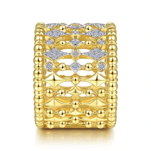 14K Yellow Gold Wide Bujukan Ball and Diamond Statement Ring