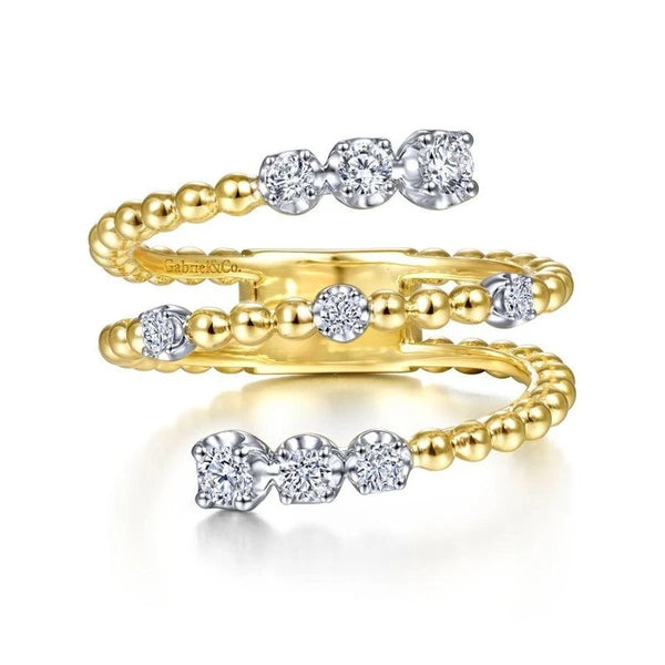 14K White-Yellow Gold Bujukan Ball and Diamond Open Bypass Wrap Ring