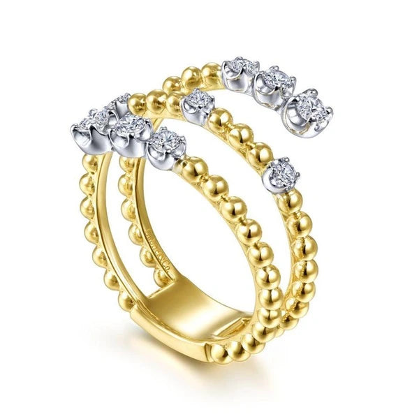 14K White-Yellow Gold Bujukan Ball and Diamond Open Bypass Wrap Ring