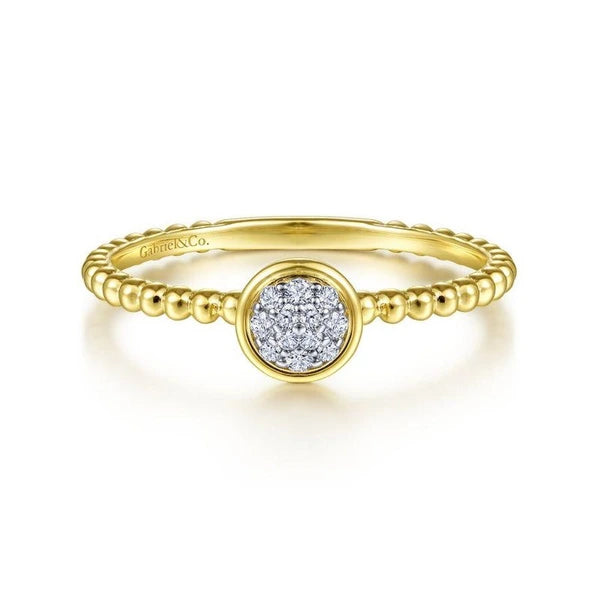 14K Yellow Gold Round Bezel Set Diamond Cluster Ring with Bujukan Beaded Shank