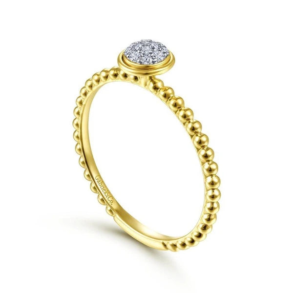14K Yellow Gold Round Bezel Set Diamond Cluster Ring with Bujukan Beaded Shank