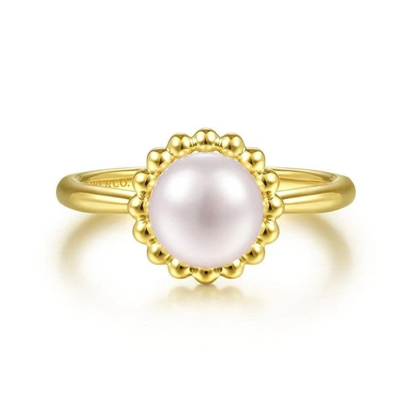 14K Yellow Gold Pearl Ring with Bujukan Beaded Halo