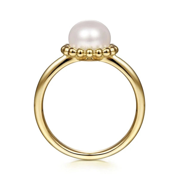 14K Yellow Gold Pearl Ring with Bujukan Beaded Halo