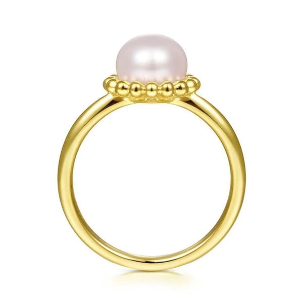 14K Yellow Gold Pearl Ring with Bujukan Beaded Halo
