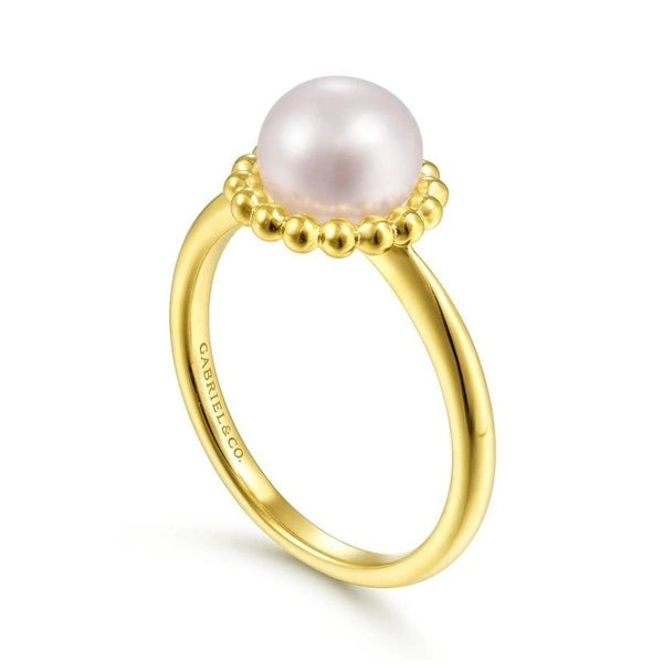 14K Yellow Gold Pearl Ring with Bujukan Beaded Halo