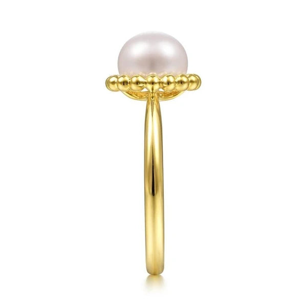 14K Yellow Gold Pearl Ring with Bujukan Beaded Halo