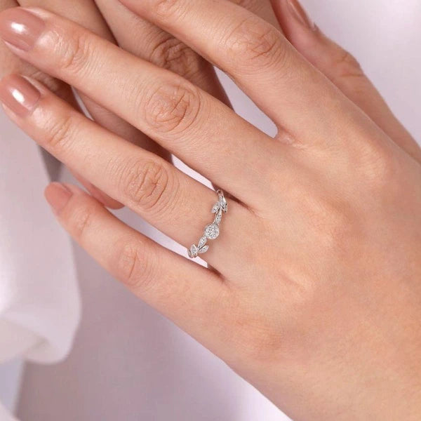 14K White Gold Floral Diamond Stackable Ring