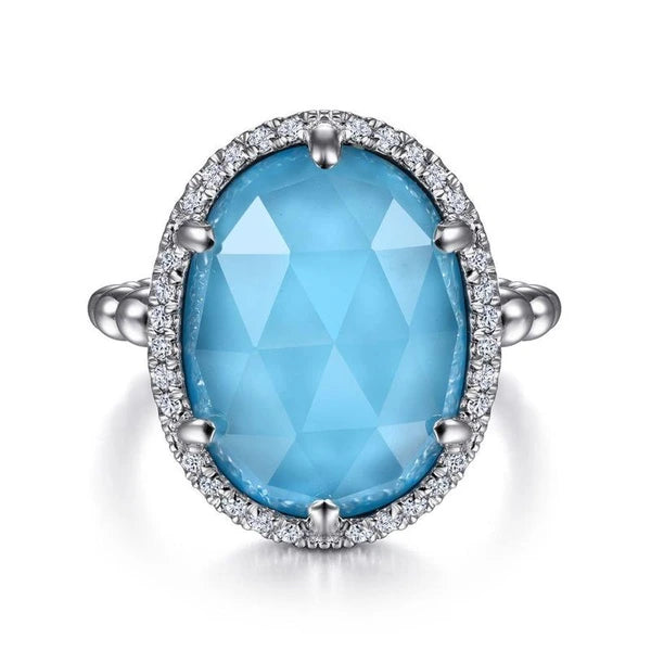 925 Sterling Silver Oval Rock Crystal and Turquoise Ring with White Sapphire Halo