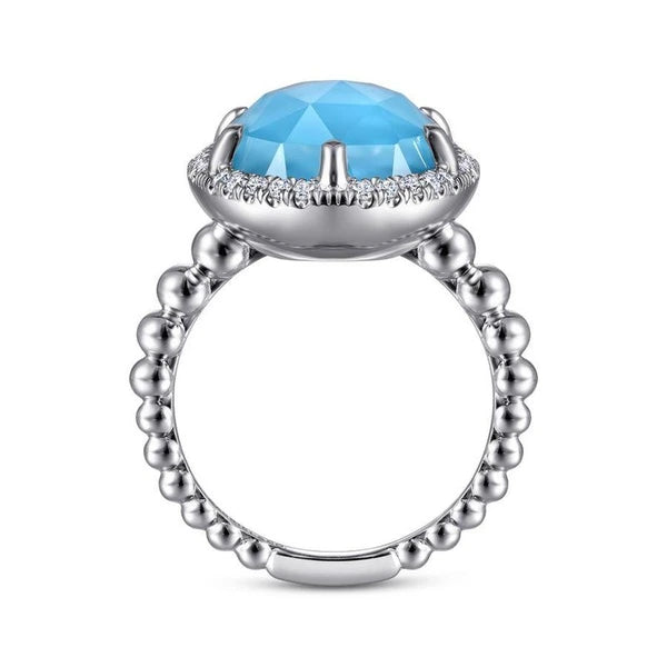 925 Sterling Silver Oval Rock Crystal and Turquoise Ring with White Sapphire Halo