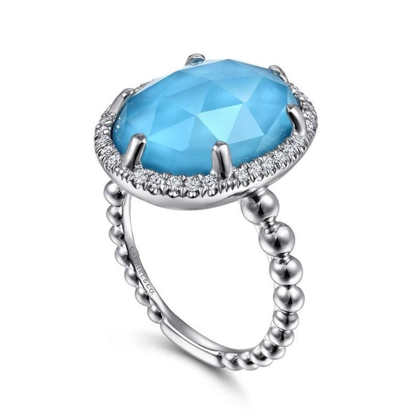 925 Sterling Silver Oval Rock Crystal and Turquoise Ring with White Sapphire Halo