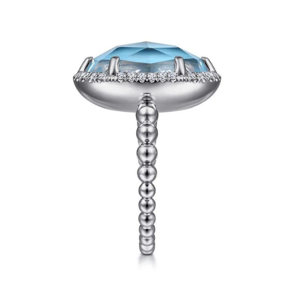 925 Sterling Silver Oval Rock Crystal and Turquoise Ring with White Sapphire Halo