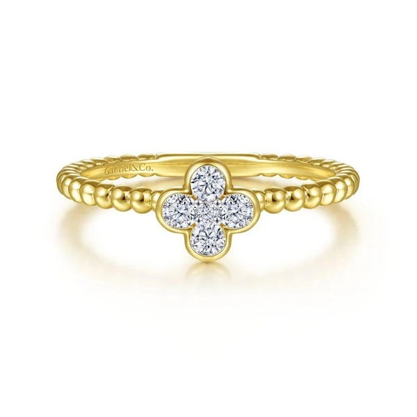 14K Yellow Gold Diamond Cluster Clover and Bujukan Bead Ring