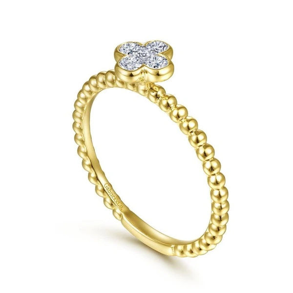 14K Yellow Gold Diamond Cluster Clover and Bujukan Bead Ring