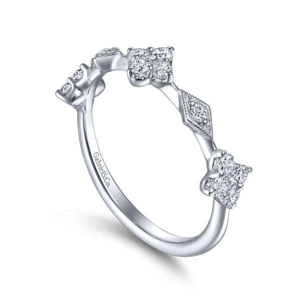 14K White Gold Diamond Cluster Station Ring