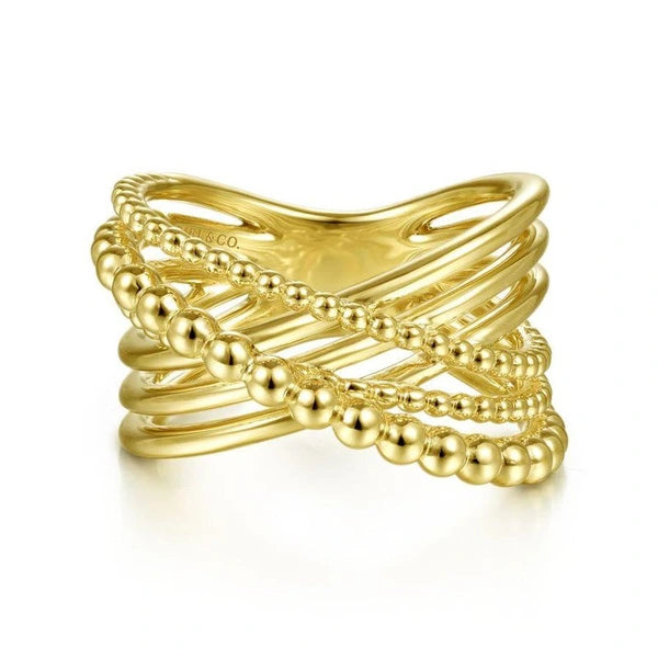 14K Yellow Gold High Polished Bujukan Bead Criss Cross Ring