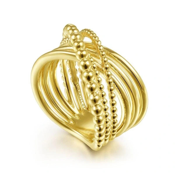 14K Yellow Gold High Polished Bujukan Bead Criss Cross Ring