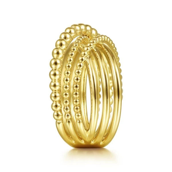 14K Yellow Gold High Polished Bujukan Bead Criss Cross Ring