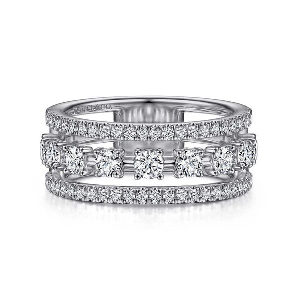 14K White Gold Three Row Diamond Station Ring