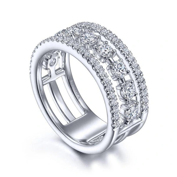 14K White Gold Three Row Diamond Station Ring