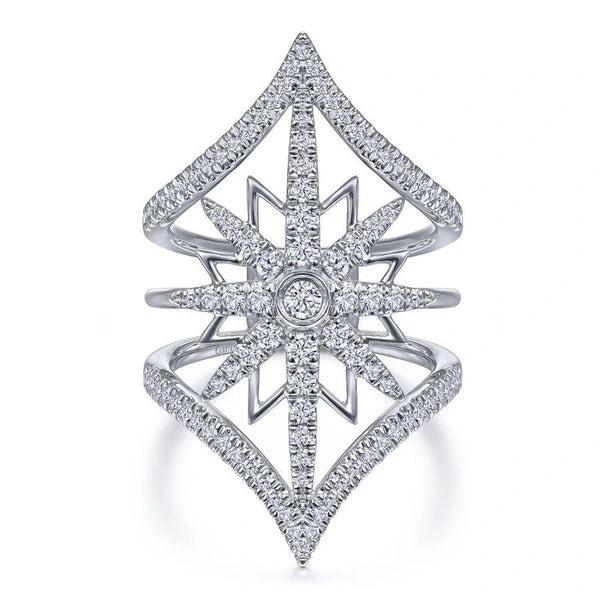 14K White Gold Diamond Starburst Chevron Statement Ring