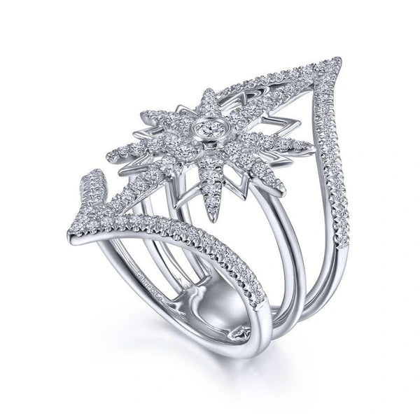 14K White Gold Diamond Starburst Chevron Statement Ring