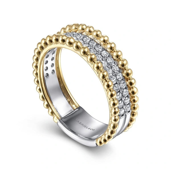 14K White-Yellow Gold Three Row Diamond and Bujukan Bead Ring