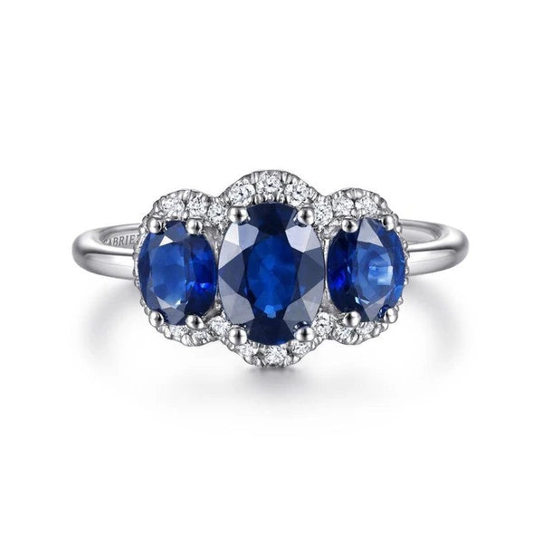14K White Gold Diamond and Sapphire Oval Halo Three Stone Ring