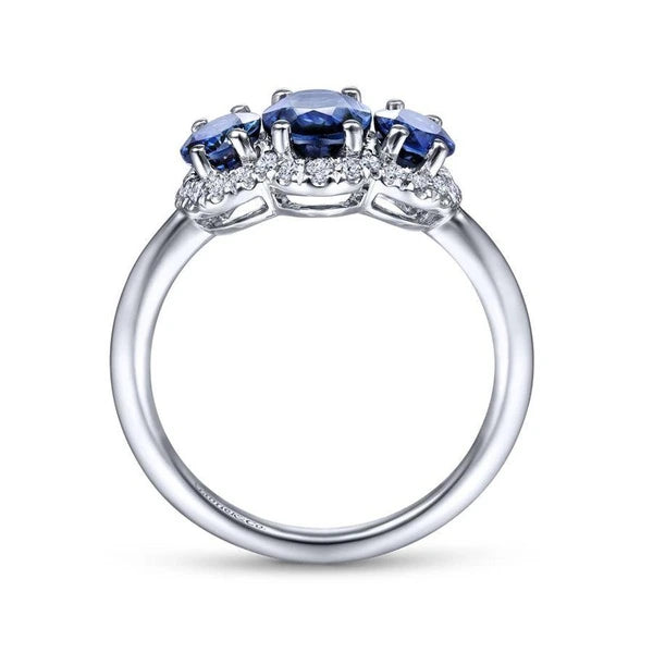 14K White Gold Diamond and Sapphire Oval Halo Three Stone Ring