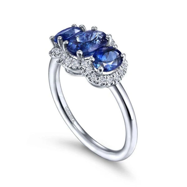 14K White Gold Diamond and Sapphire Oval Halo Three Stone Ring