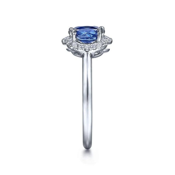 14K White Gold Diamond and Sapphire Oval Halo Three Stone Ring