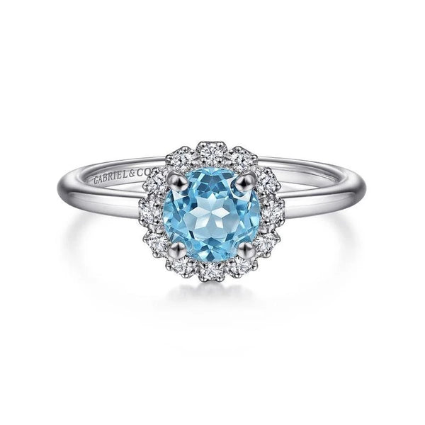 14K White Gold Round Blue Topaz and Diamond Halo Ring