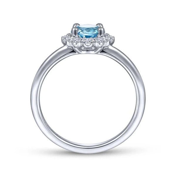 14K White Gold Round Blue Topaz and Diamond Halo Ring