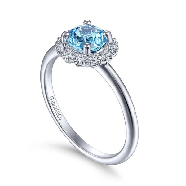 14K White Gold Round Blue Topaz and Diamond Halo Ring