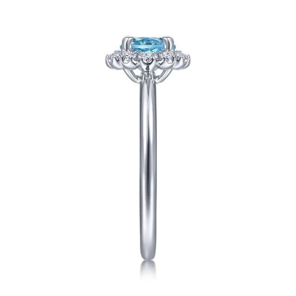 14K White Gold Round Blue Topaz and Diamond Halo Ring