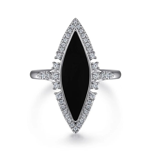 14K White Gold Diamond and Onyx Marquise Statement Ring