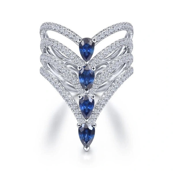 14K White Gold Diamond and Sapphire Chevron Ring