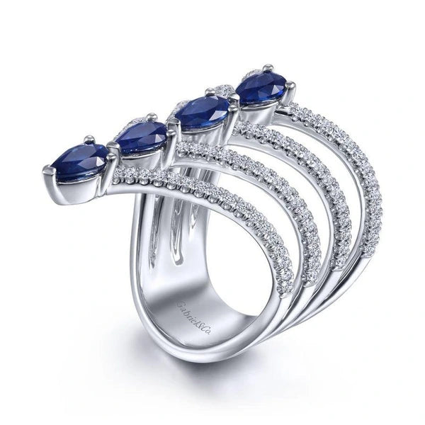 14K White Gold Diamond and Sapphire Chevron Ring