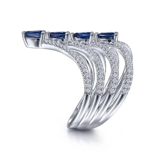 14K White Gold Diamond and Sapphire Chevron Ring