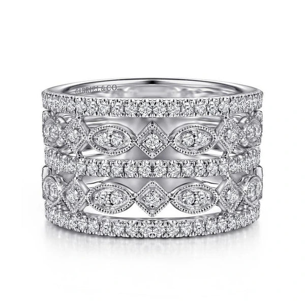 Wide Vintage Inspired 14K White Gold Diamond Ring