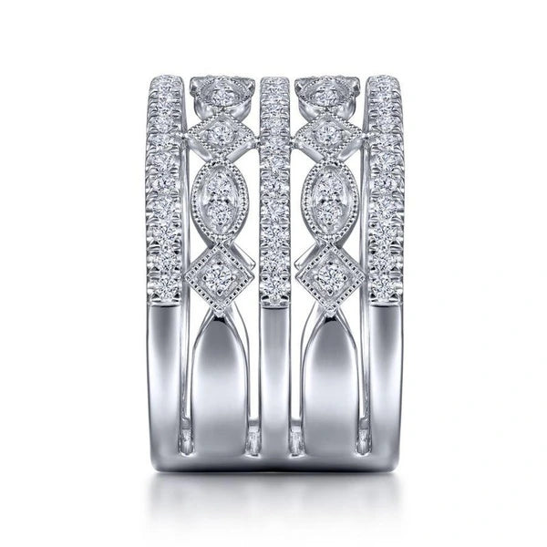 Wide Vintage Inspired 14K White Gold Diamond Ring