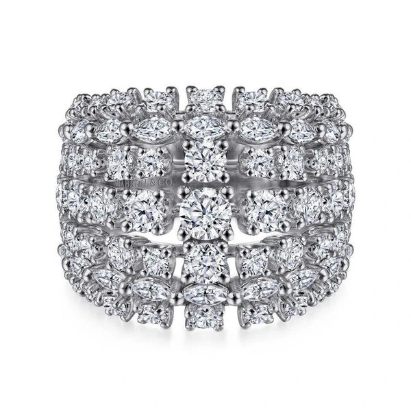 18K White Gold Wide Six Row Diamond Ring
