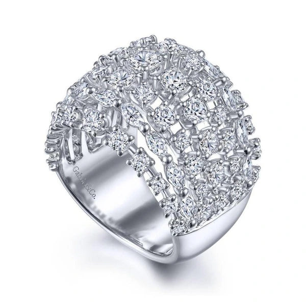 18K White Gold Wide Six Row Diamond Ring
