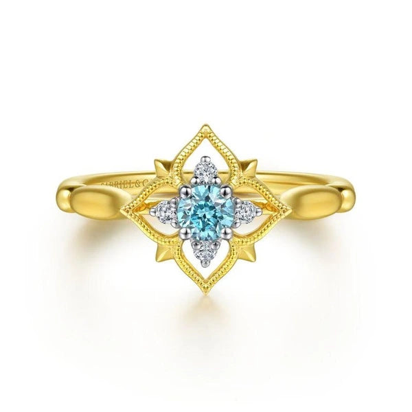 14K Yellow Gold Swiss Blue Topaz and Diamond Floral Ring