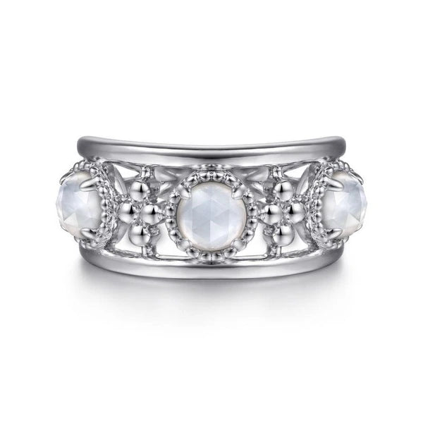 925 Sterling Silver Rock Crystal and White MOP Station Ring